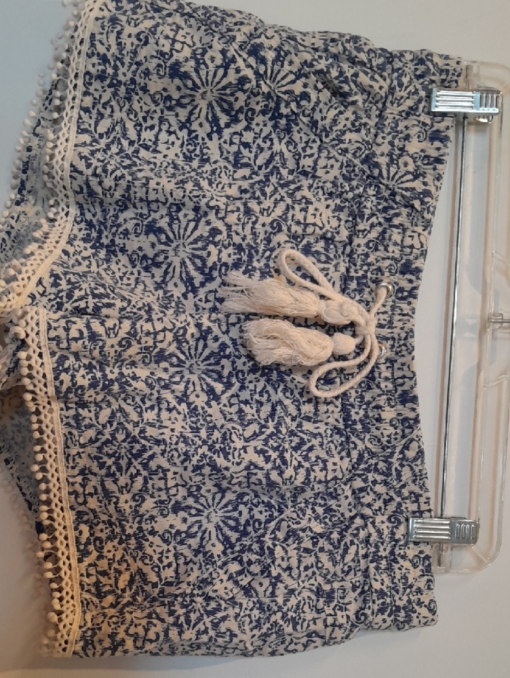Jolt Navy and White Linen Blend Floral Drawstring Shorts with Tassel - Picture 5 of 6